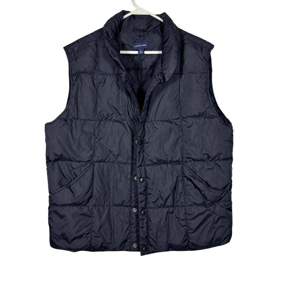 Lands' End Down Feather Puffer Vest Men's Large 42-44 Black Snap Button - Picture 1 of 7